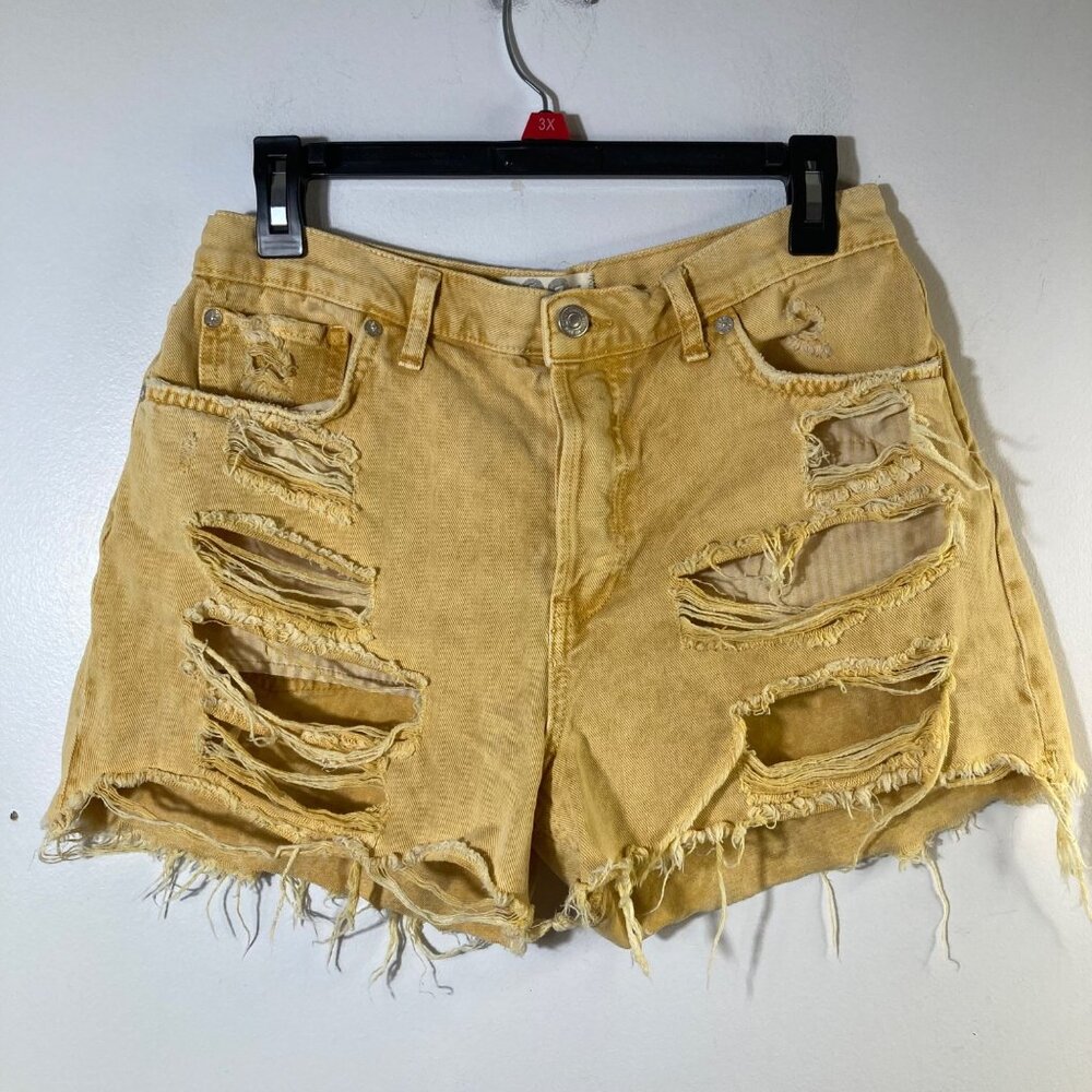 Womens We The Free Maggie Distressed Denim Shorts Yellow Gold 28 Mid Rise